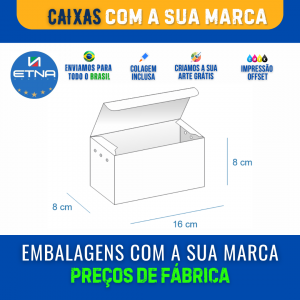 Caixa M - 16x8x8 cm Caixa 16x8x8 cm (LxAxP) CMYK/Pantone Impressão Offset Corte/Colagem 595x275 mm Aberta