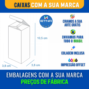 Caixa M - 3,8x10,5x3,8 Caixa 3,8x10,5x3,8 cm (LxAxP) CMYK/Pantone Impressão Offset Corte/Colagem 162x186 Aberta