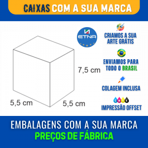 Caixa P - 5,5x7,5x5,5 cm Caixa 5,5x7,5x5,5 cm (LxAxP) CMYK/Pantone Impressão Offset Corte/Colagem 189x235 mm Aberta